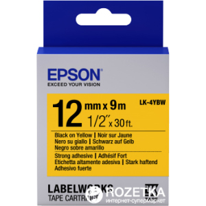 Картридж зі стрічкою Epson LabelWorks LK4YBW9 Strong Adhesive 12 мм 9 м Black/Yellow (C53S654014) краща модель в Черкасах