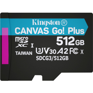 Kingston MicroSDXC 512 ГБ Canvas Go! Plus Class 10 UHS-I U3 V30 A2 (SDCG3/512GBSP) краща модель в Черкасах