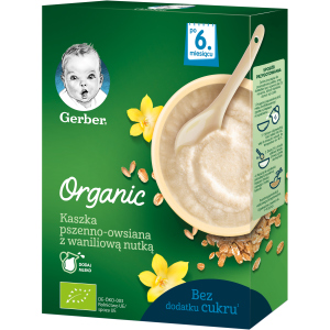 Упаковка детской каши Gerber Organic сухая безмолочная органическая Пшенично-овсяная с ванильным вкусом с 6 месяцев 240 г х 9 шт (7613036531542) рейтинг