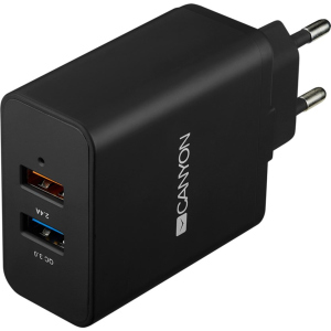 купить Сетевое зарядное устройство Canyon 2USB 2.4A QC3.0 Black (CNE-CHA07B)