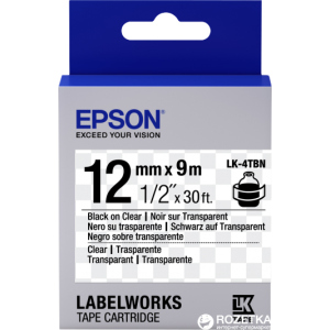 Картридж зі стрічкою Epson LabelWorks LK4TBN 12 мм / 9 м Black/Clear (C53S654012) краща модель в Черкасах