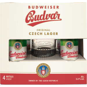 Подарунковий набір пиво Budweiser світле відфільтроване 5% 0.5 л x 4 шт. + кухоль 0.5 л (8594403707380) ТОП в Черкасах