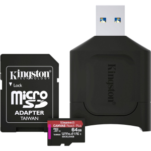 Kingston MicroSDXC 64GB Canvas React Plus Class 10 UHS-II U3 ​​​​V90 A1 + SD-адаптер + USB-кардрідер (MLPMR2/64GB) ТОП в Черкасах