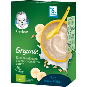 Упаковка детской каши Gerber Organic сухая молочная быстрорастворимая органическая Пшенично-овсяная с бананом с 6 месяцев 240 г х 9 шт (7613036531504)