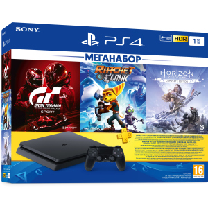 Ігрова приставка PlayStation 4 1ТБ Black у комплекті з 3 іграми та підпискою PS Plus (Ratchet &amp; Clank + Horizon Zero Dawn + Gran Turismo Sport + PS Plus 3 місяці) в Черкасах