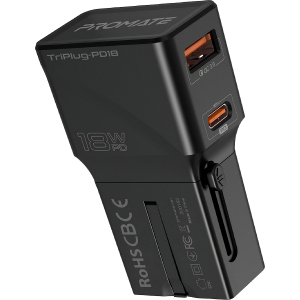 купити Мережний зарядний пристрій Promate TriPlug-PD18 USB-C PD + USB-A QC та EU/US/UK/AUS штекер Black (triplug-pd18.black)