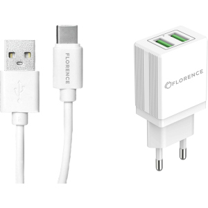 Сетевое зарядное устройство Florence 2USB 2A + Type-C Cable White (FL-1021-WT) лучшая модель в Черкассах